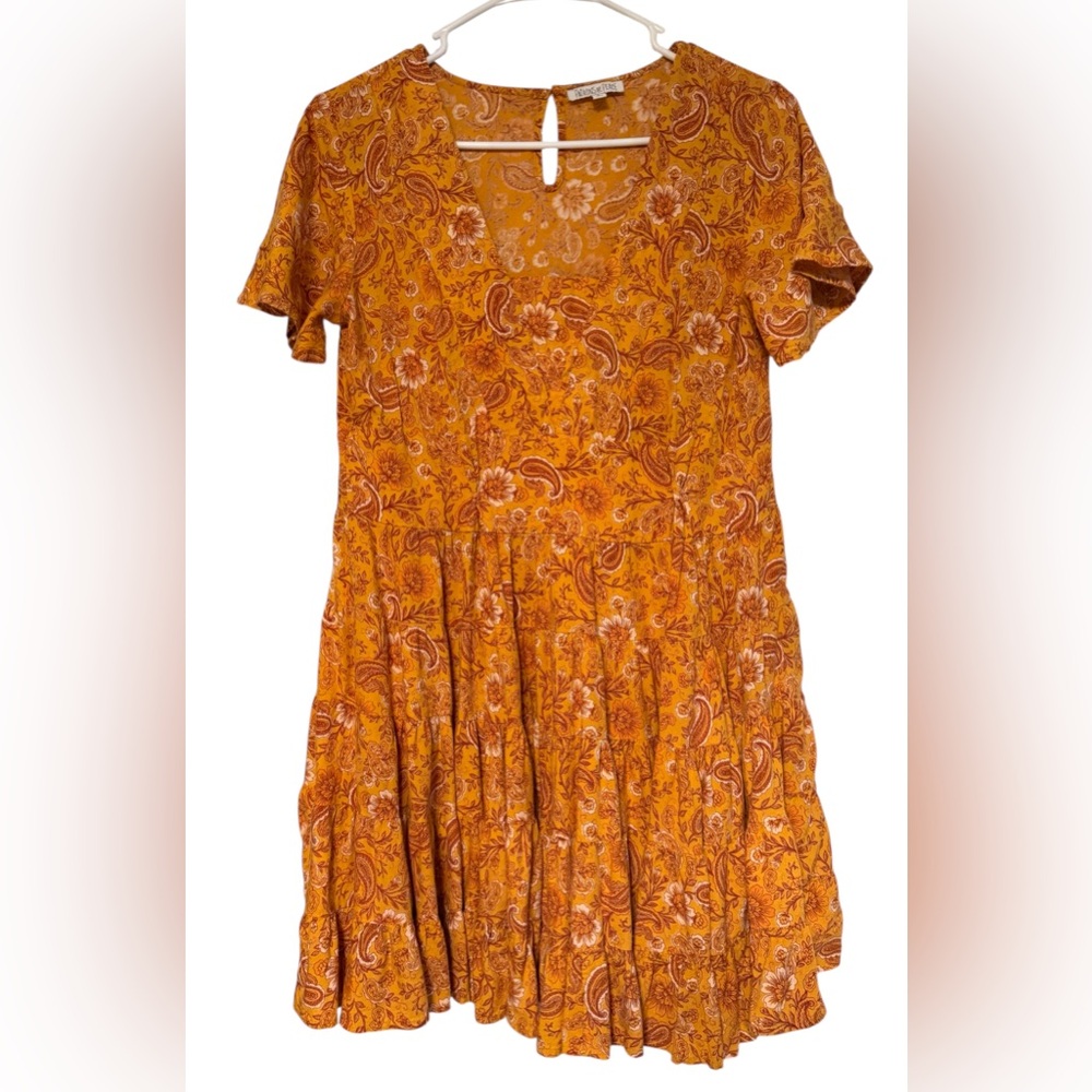 Patrons of Peace Vintage Orange Paisley Peasant Boho Tiered Baby Doll dress SzS